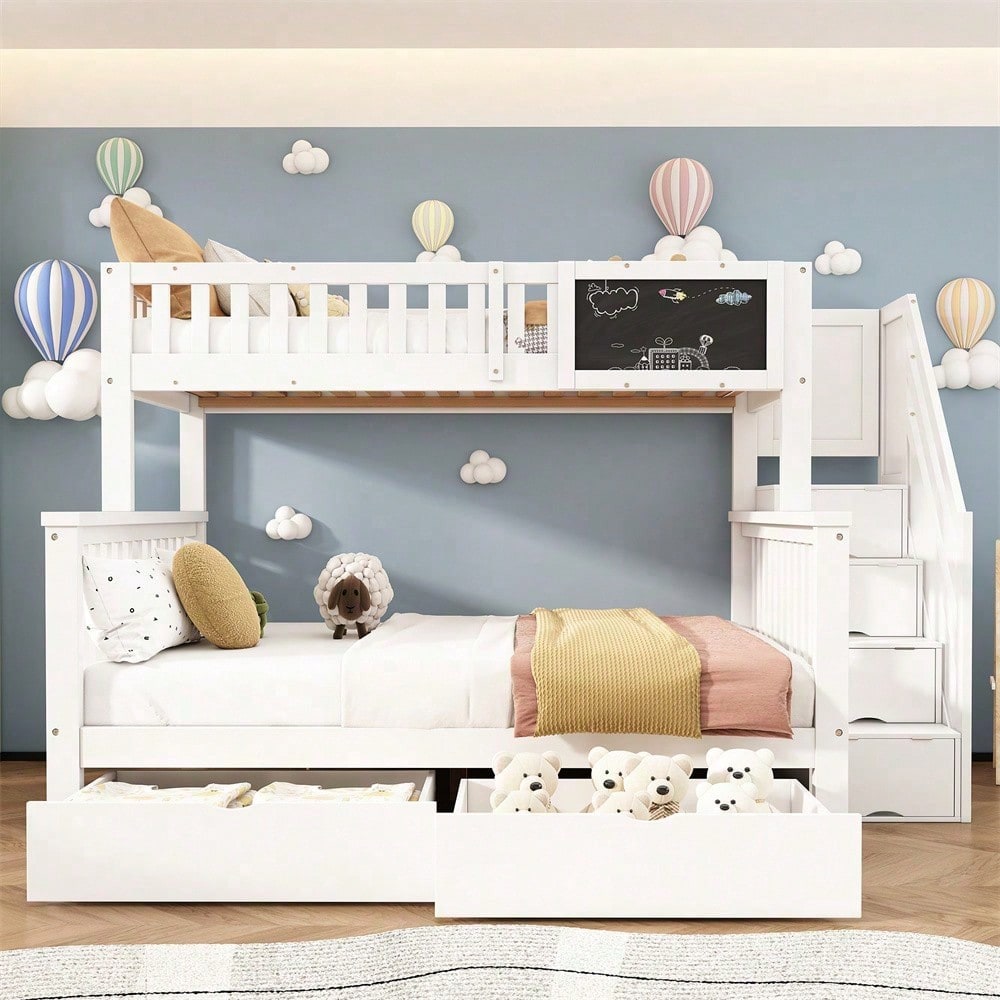 Kinder-Etagenbett, Doppelbett, multifunktionales Kinderbett, mit Tafel und Schubladen, ohne Matratze, weiß, 90*200