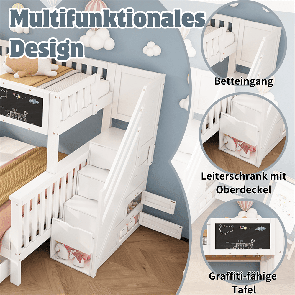 Kinder-Etagenbett, Doppelbett, multifunktionales Kinderbett, mit Tafel und Schubladen, ohne Matratze, weiß, 90*200