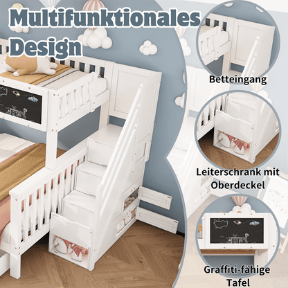 Kinder-Etagenbett, Doppelbett, multifunktionales Kinderbett, mit Tafel und Schubladen, ohne Matratze, weiß, 90*200