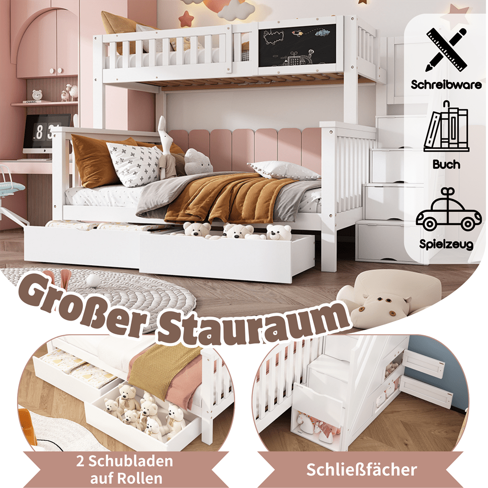 Kinder-Etagenbett, Doppelbett, multifunktionales Kinderbett, mit Tafel und Schubladen, ohne Matratze, weiß, 90*200