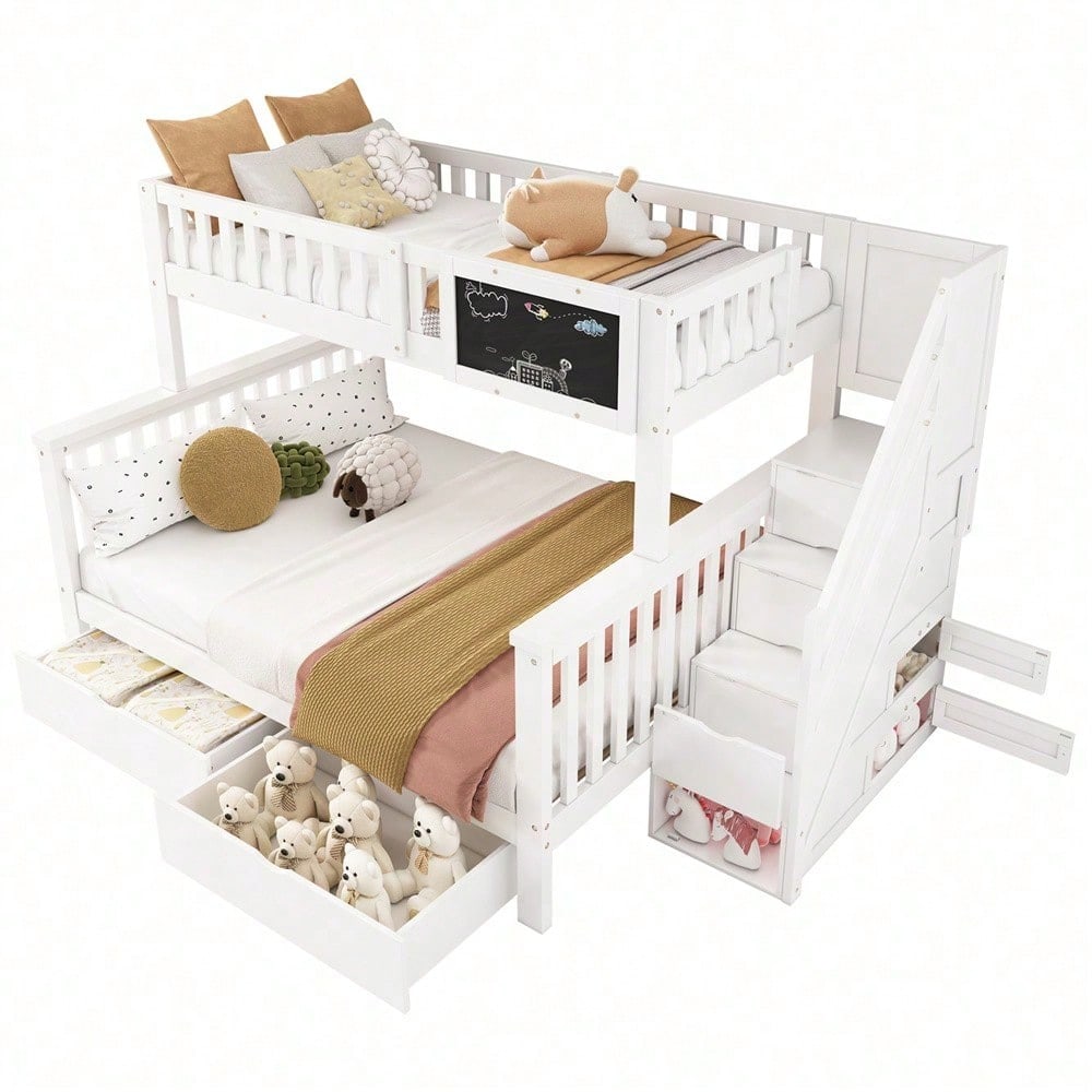 Kinder-Etagenbett, Doppelbett, multifunktionales Kinderbett, mit Tafel und Schubladen, ohne Matratze, weiß, 90*200
