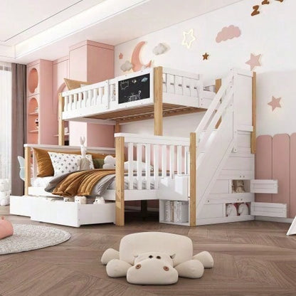 Kinder-Etagenbett, Doppelbett, multifunktionales Kinderbett, mit Tafel und Schubladen, ohne Matratze, weiß, 90*200