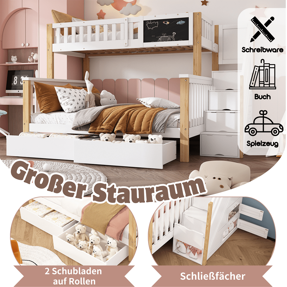 Kinder-Etagenbett, Doppelbett, multifunktionales Kinderbett, mit Tafel und Schubladen, ohne Matratze, weiß, 90*200