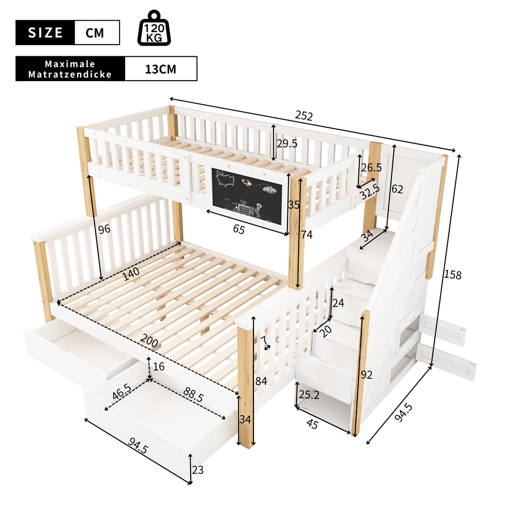 Kinder-Etagenbett, Doppelbett, multifunktionales Kinderbett, mit Tafel und Schubladen, ohne Matratze, weiß, 90*200