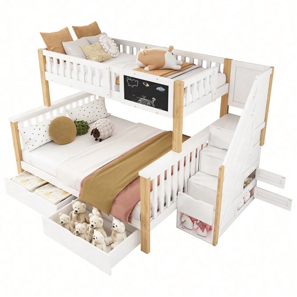 Kinder-Etagenbett, Doppelbett, multifunktionales Kinderbett, mit Tafel und Schubladen, ohne Matratze, weiß, 90*200