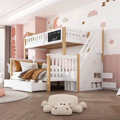 Kinder-Etagenbett, Doppelbett, multifunktionales Kinderbett, mit Tafel und Schubladen, ohne Matratze, weiß, 90*200