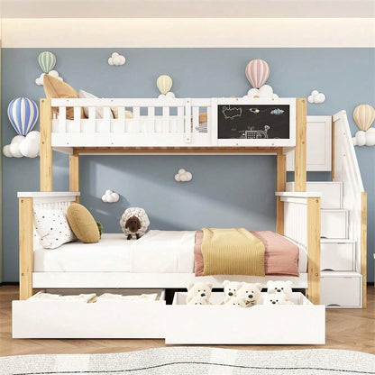 Kinder-Etagenbett, Doppelbett, multifunktionales Kinderbett, mit Tafel und Schubladen, ohne Matratze, weiß, 90*200