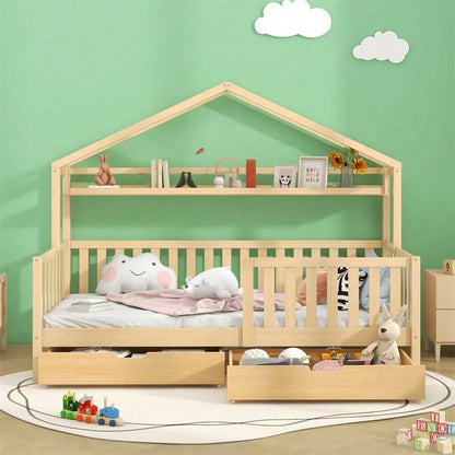 Kinderbett in Holzfarbe,Kinderbett Hausbett mit Schubladen,Massivholz mit Lattenrost, Kiefernholz Hausbett , Kinder und Jugendzimmer,90x200,Natur