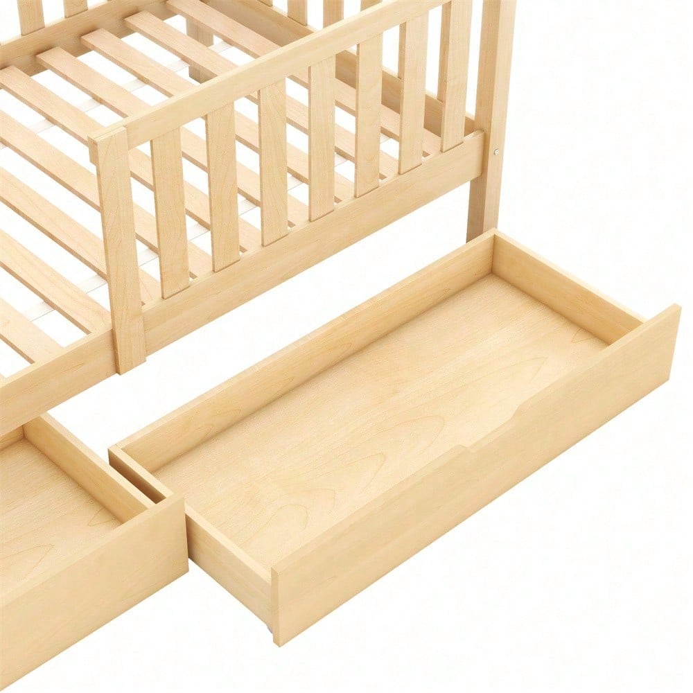 Kinderbett in Holzfarbe,Kinderbett Hausbett mit Schubladen,Massivholz mit Lattenrost, Kiefernholz Hausbett , Kinder und Jugendzimmer,90x200,Natur