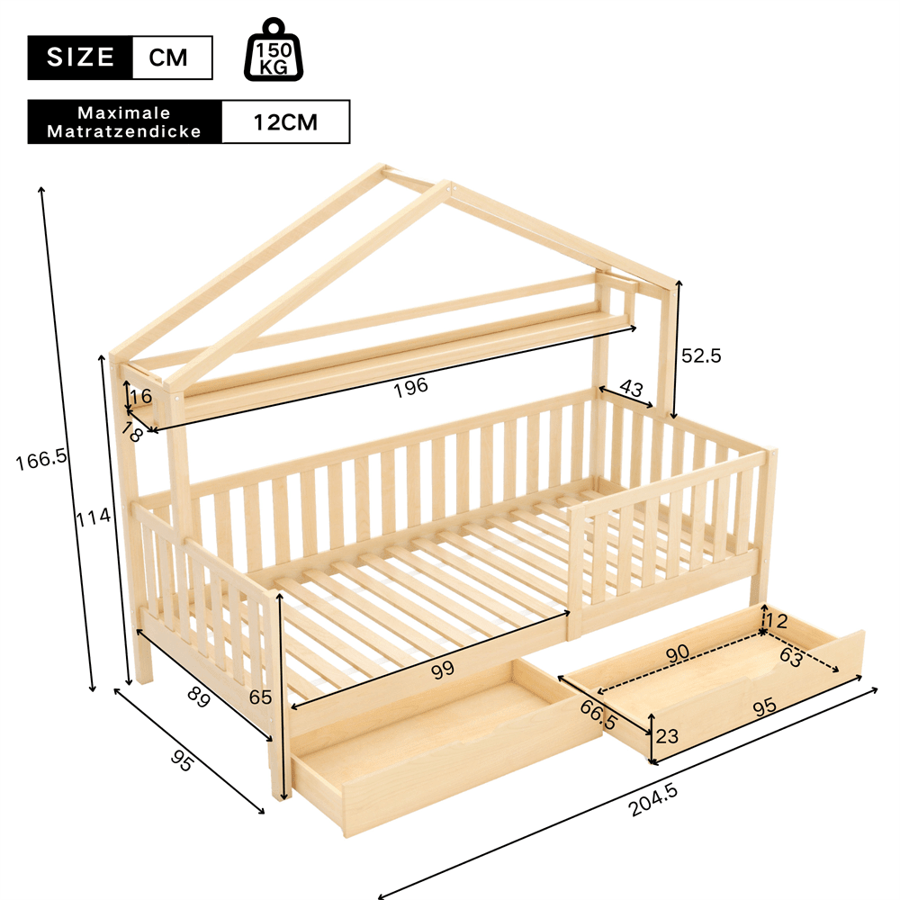 Kinderbett in Holzfarbe,Kinderbett Hausbett mit Schubladen,Massivholz mit Lattenrost, Kiefernholz Hausbett , Kinder und Jugendzimmer,90x200,Natur