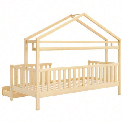 Kinderbett in Holzfarbe,Kinderbett Hausbett mit Schubladen,Massivholz mit Lattenrost, Kiefernholz Hausbett , Kinder und Jugendzimmer,90x200,Natur
