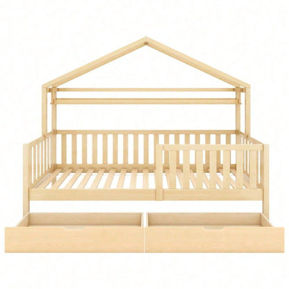 Kinderbett in Holzfarbe,Kinderbett Hausbett mit Schubladen,Massivholz mit Lattenrost, Kiefernholz Hausbett , Kinder und Jugendzimmer,90x200,Natur