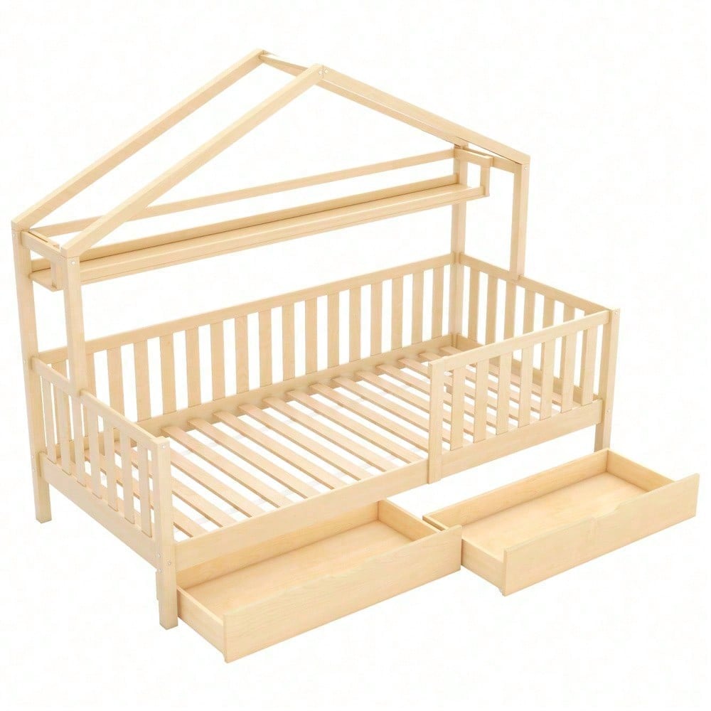 Kinderbett in Holzfarbe,Kinderbett Hausbett mit Schubladen,Massivholz mit Lattenrost, Kiefernholz Hausbett , Kinder und Jugendzimmer,90x200,Natur