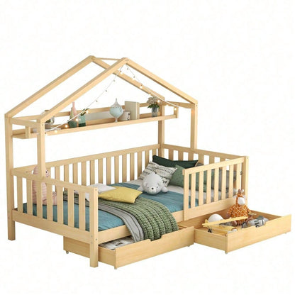Kinderbett in Holzfarbe,Kinderbett Hausbett mit Schubladen,Massivholz mit Lattenrost, Kiefernholz Hausbett , Kinder und Jugendzimmer,90x200,Natur