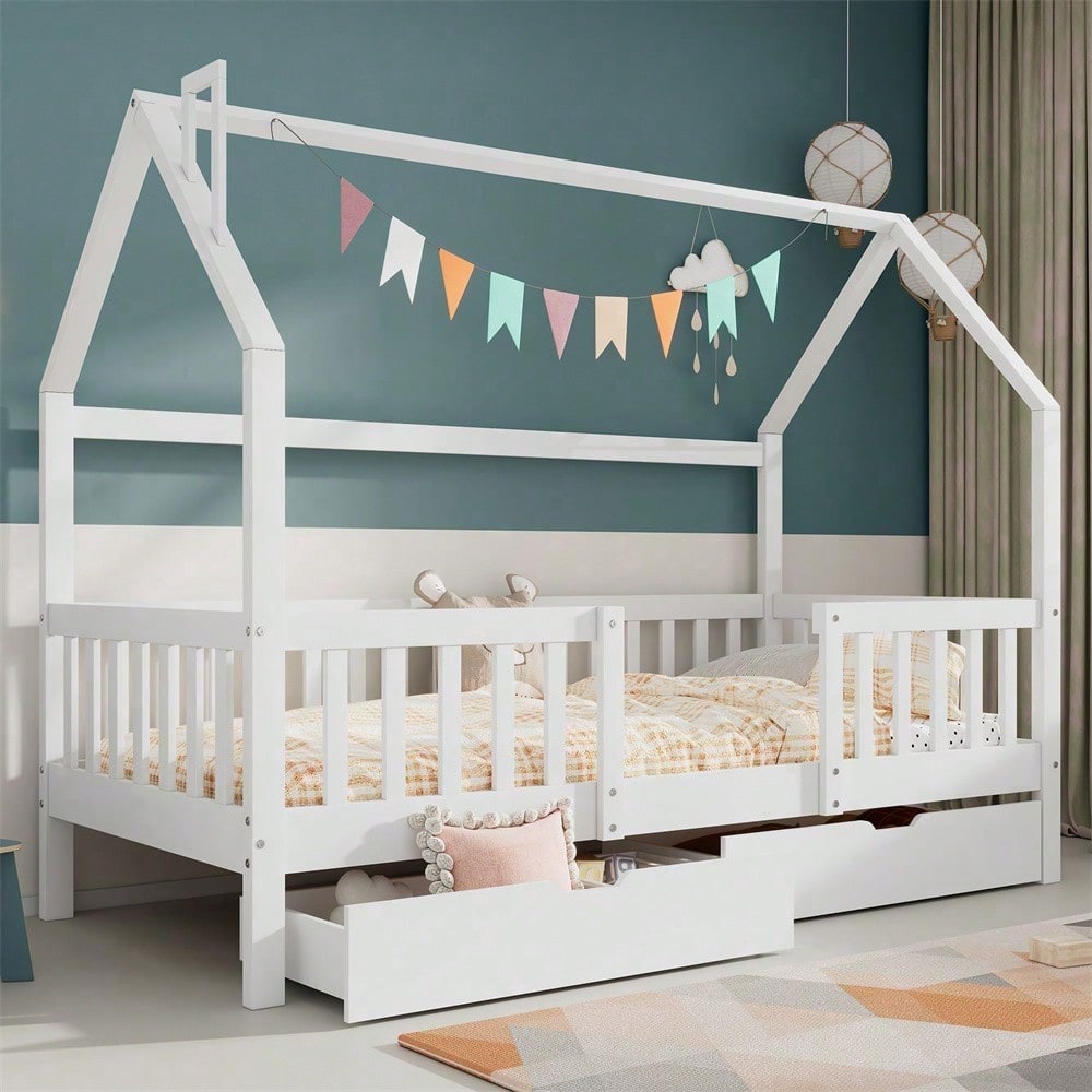 Kinderbett Hausbett mit Schornstein Zwei Aufbewahrungsschubladen Robuste Lattenroste Kiefernholz Haus Bett for Kids, 90 x 200 cm ohne Matratze, weiß