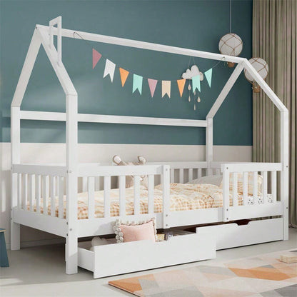 Kinderbett Hausbett mit Schornstein Zwei Aufbewahrungsschubladen Robuste Lattenroste Kiefernholz Haus Bett for Kids, 90 x 200 cm ohne Matratze, weiß