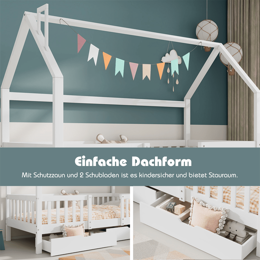 Kinderbett Hausbett mit Schornstein Zwei Aufbewahrungsschubladen Robuste Lattenroste Kiefernholz Haus Bett for Kids, 90 x 200 cm ohne Matratze, weiß