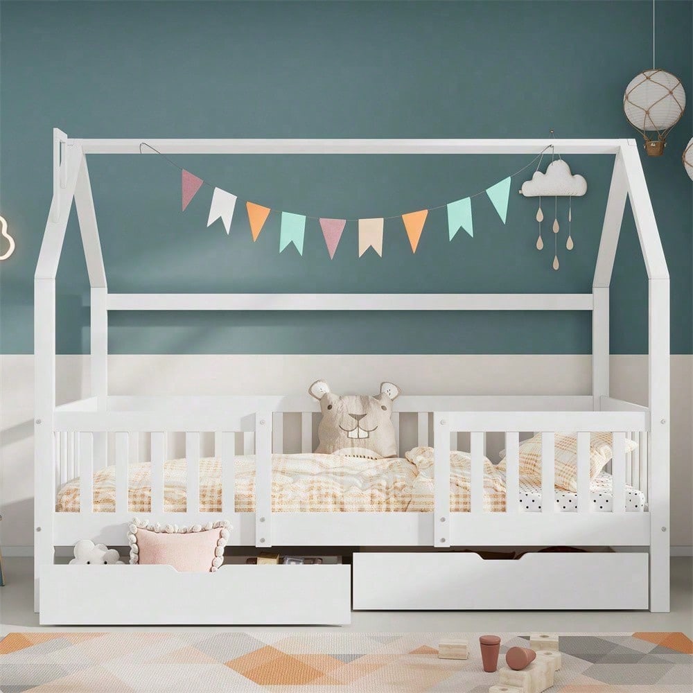Kinderbett Hausbett mit Schornstein Zwei Aufbewahrungsschubladen Robuste Lattenroste Kiefernholz Haus Bett for Kids, 90 x 200 cm ohne Matratze, weiß