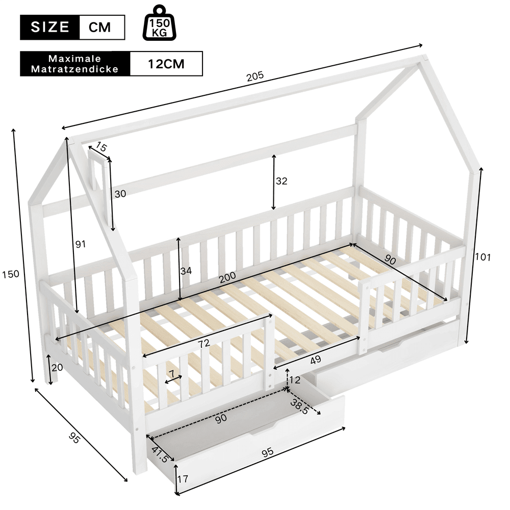 Kinderbett Hausbett mit Schornstein Zwei Aufbewahrungsschubladen Robuste Lattenroste Kiefernholz Haus Bett for Kids, 90 x 200 cm ohne Matratze, weiß