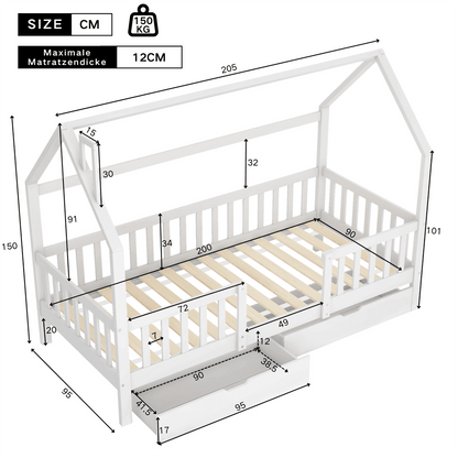 Kinderbett Hausbett mit Schornstein Zwei Aufbewahrungsschubladen Robuste Lattenroste Kiefernholz Haus Bett for Kids, 90 x 200 cm ohne Matratze, weiß