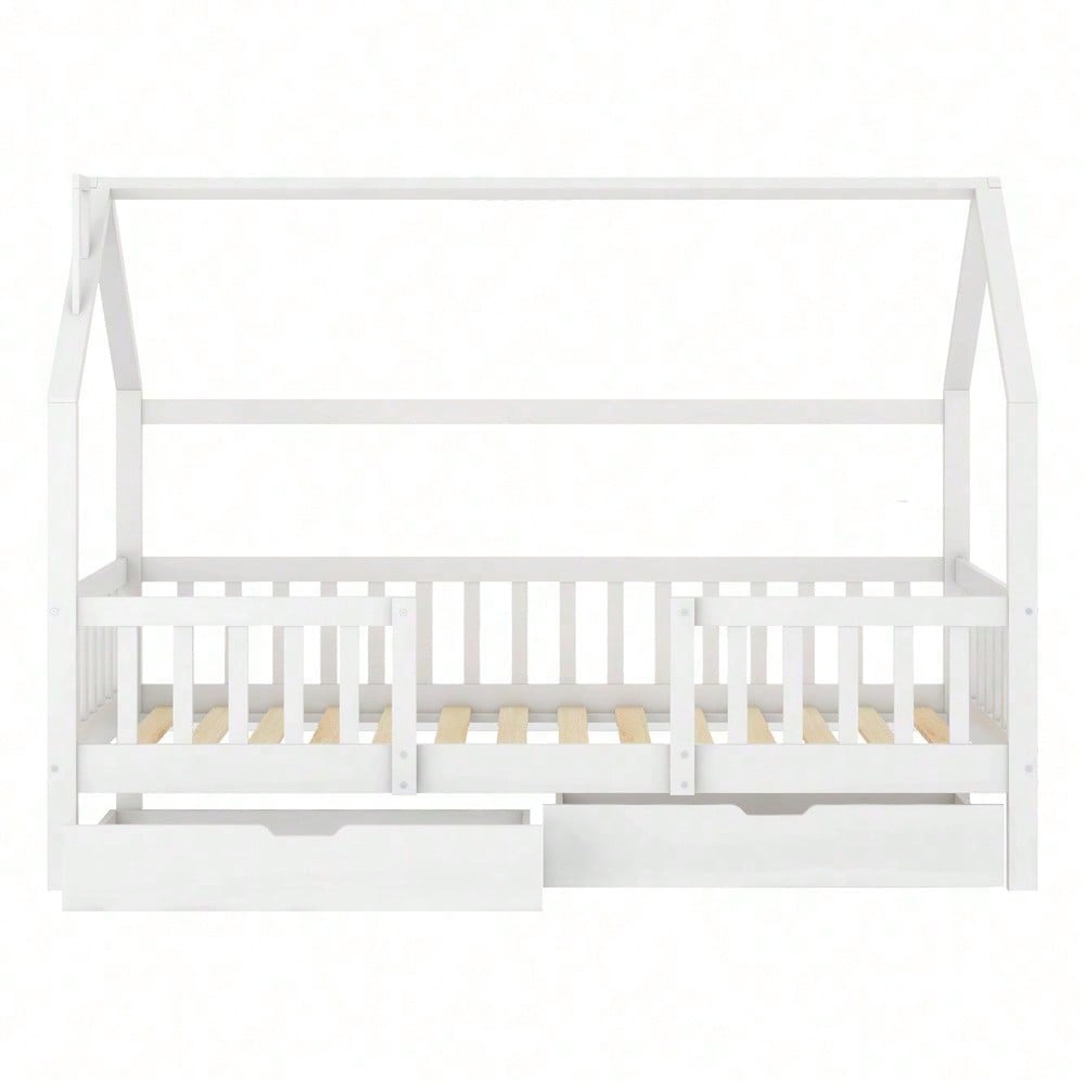Kinderbett Hausbett mit Schornstein Zwei Aufbewahrungsschubladen Robuste Lattenroste Kiefernholz Haus Bett for Kids, 90 x 200 cm ohne Matratze, weiß