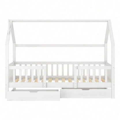 Kinderbett Hausbett mit Schornstein Zwei Aufbewahrungsschubladen Robuste Lattenroste Kiefernholz Haus Bett for Kids, 90 x 200 cm ohne Matratze, weiß