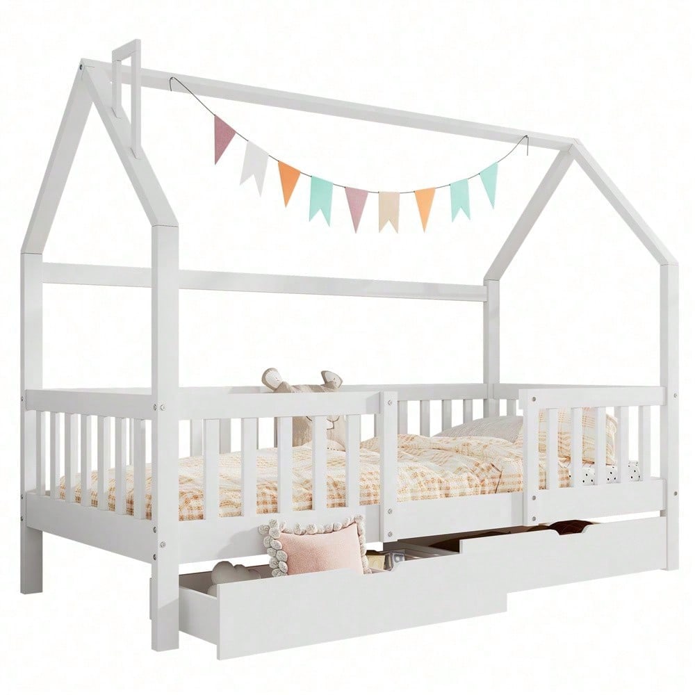 Kinderbett Hausbett mit Schornstein Zwei Aufbewahrungsschubladen Robuste Lattenroste Kiefernholz Haus Bett for Kids, 90 x 200 cm ohne Matratze, weiß