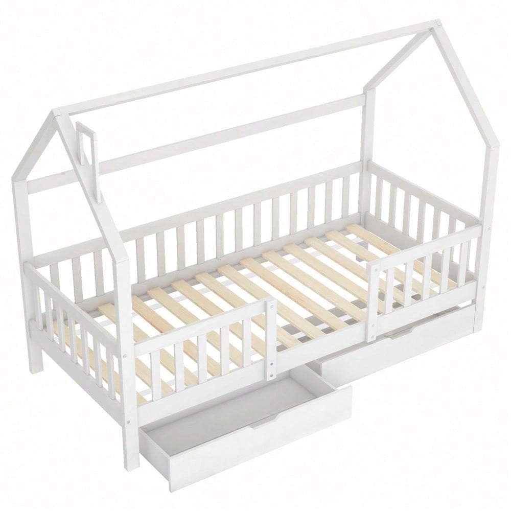 Kinderbett Hausbett mit Schornstein Zwei Aufbewahrungsschubladen Robuste Lattenroste Kiefernholz Haus Bett for Kids, 90 x 200 cm ohne Matratze, weiß