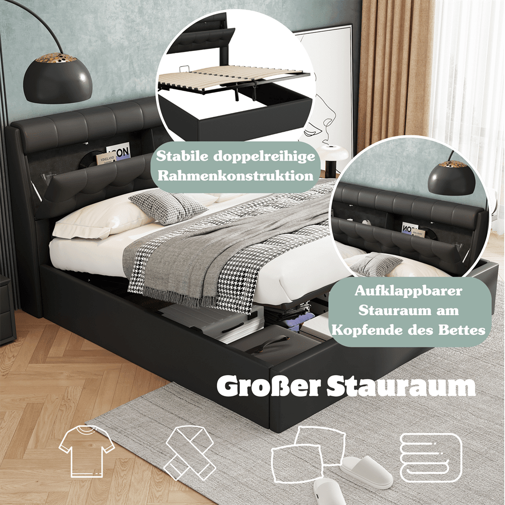 Stilvolles Polsterbett, 140*200, hydraulisches Bett, verdeckte Kopfteilablage, Bettkastenablage, PU, mit Lattenrost und mit Kopfteil, ohne Matratze, Weiß