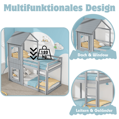 90*200cm Etagenbett, Kinderbett, Hausbett für Mädchen und Jungen, mit Leiter & Baldachin, bodentief, massivholz, grau