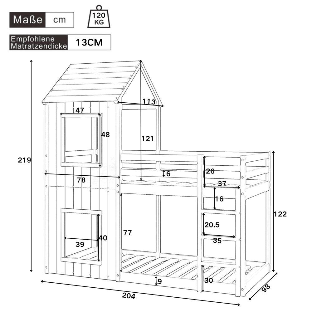 90*200cm Etagenbett, Kinderbett, Hausbett für Mädchen und Jungen, mit Leiter & Baldachin, bodentief, massivholz, grau