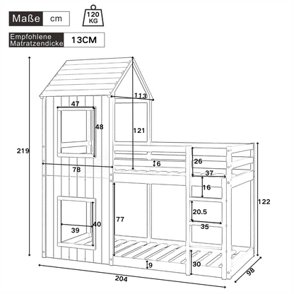90*200cm Etagenbett, Kinderbett, Hausbett für Mädchen und Jungen, mit Leiter & Baldachin, bodentief, massivholz, grau