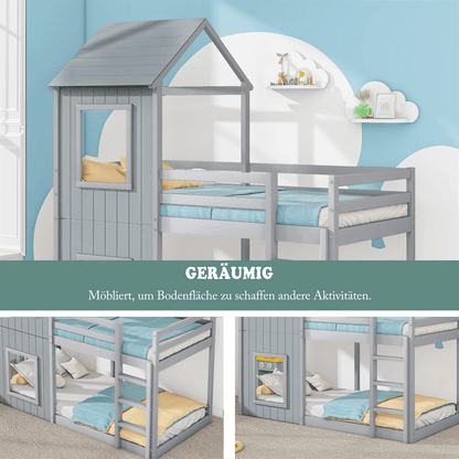 90*200cm Etagenbett, Kinderbett, Hausbett für Mädchen und Jungen, mit Leiter & Baldachin, bodentief, massivholz, grau