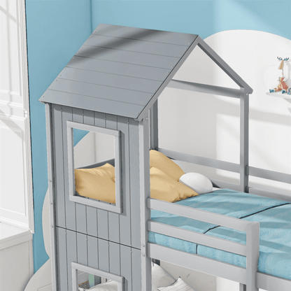 90*200cm Etagenbett, Kinderbett, Hausbett für Mädchen und Jungen, mit Leiter & Baldachin, bodentief, massivholz, grau