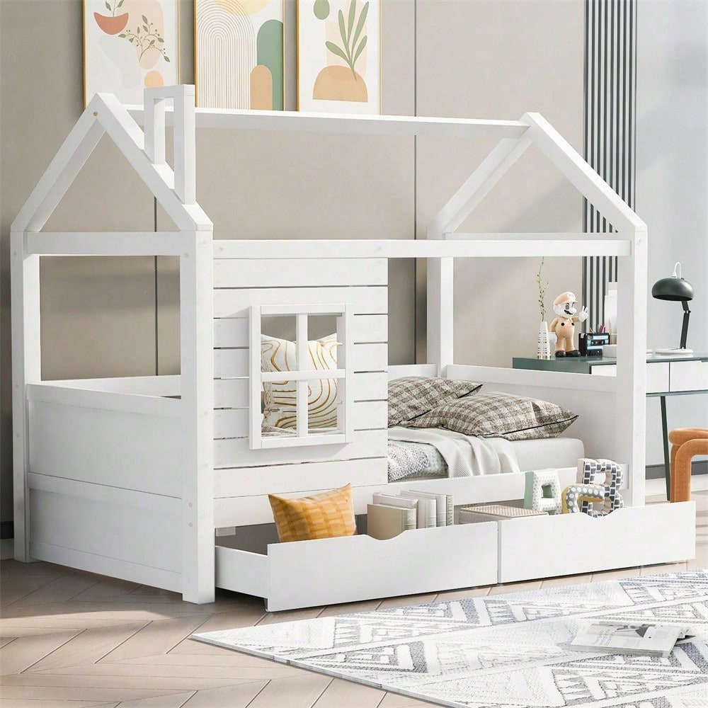 Hausbett Kinderbett Jugendbett 90*200 mit Rausfallschutz vielseitiges Holz Kinderbett für Jungen & Mädchen, Massivholz Kinder Bett mit Rausfallschutz Fenster und Lattenrost, Weiss