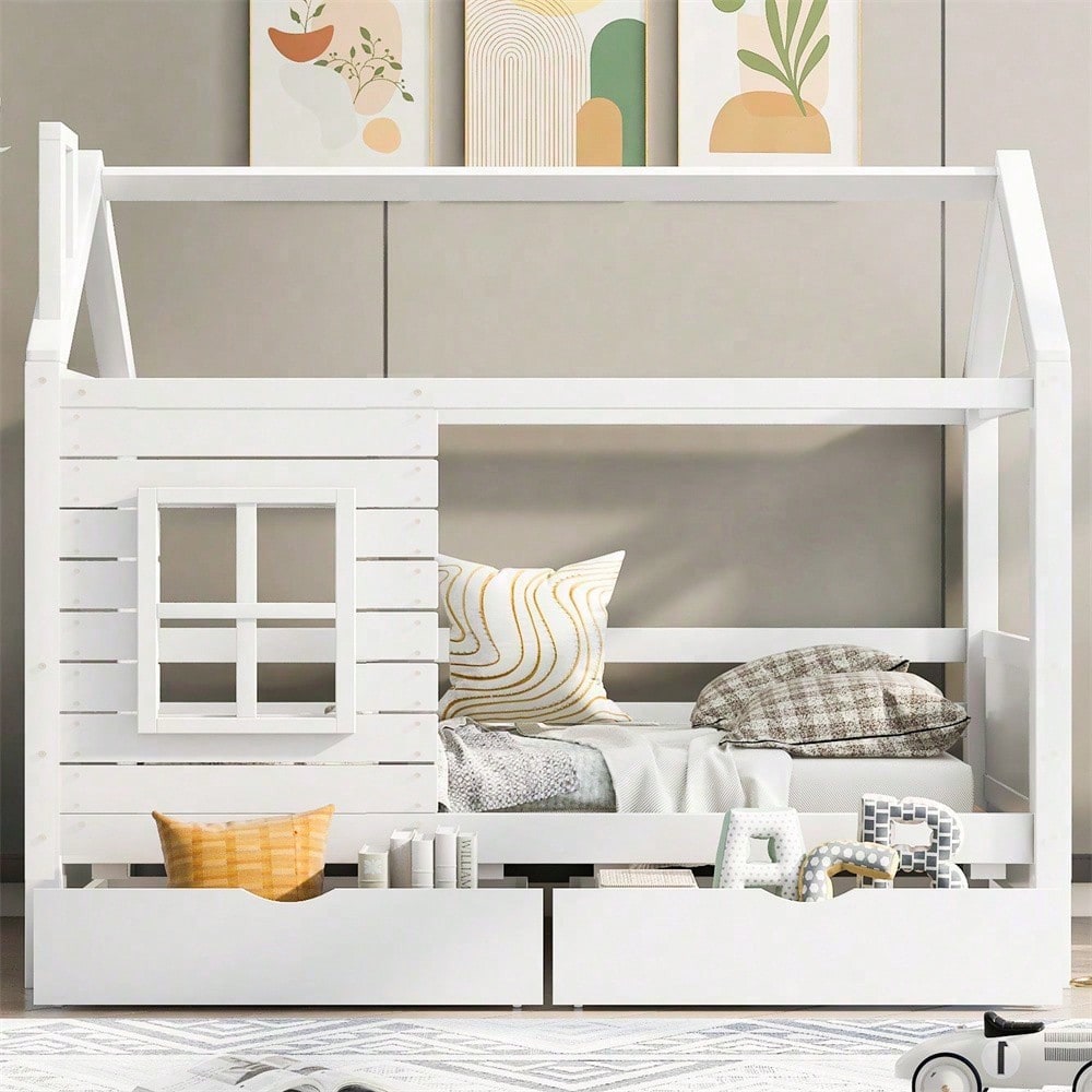 Hausbett Kinderbett Jugendbett 90*200 mit Rausfallschutz vielseitiges Holz Kinderbett für Jungen & Mädchen, Massivholz Kinder Bett mit Rausfallschutz Fenster und Lattenrost, Weiss