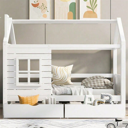 Hausbett Kinderbett Jugendbett 90*200 mit Rausfallschutz vielseitiges Holz Kinderbett für Jungen & Mädchen, Massivholz Kinder Bett mit Rausfallschutz Fenster und Lattenrost, Weiss