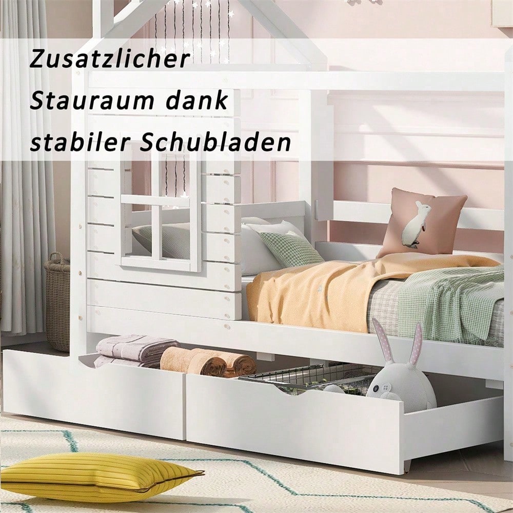 Hausbett Kinderbett Jugendbett 90*200 mit Rausfallschutz vielseitiges Holz Kinderbett für Jungen & Mädchen, Massivholz Kinder Bett mit Rausfallschutz Fenster und Lattenrost, Weiss