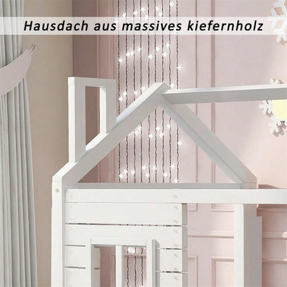 Hausbett Kinderbett Jugendbett 90*200 mit Rausfallschutz vielseitiges Holz Kinderbett für Jungen & Mädchen, Massivholz Kinder Bett mit Rausfallschutz Fenster und Lattenrost, Weiss