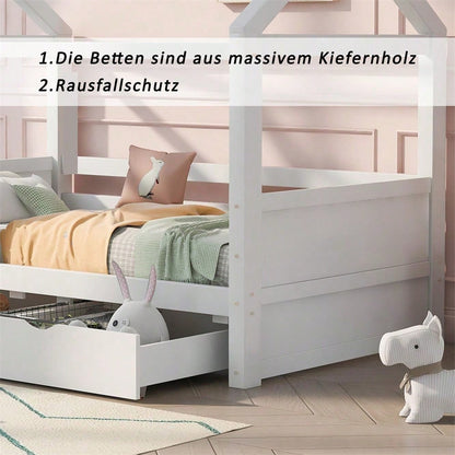 Hausbett Kinderbett Jugendbett 90*200 mit Rausfallschutz vielseitiges Holz Kinderbett für Jungen & Mädchen, Massivholz Kinder Bett mit Rausfallschutz Fenster und Lattenrost, Weiss