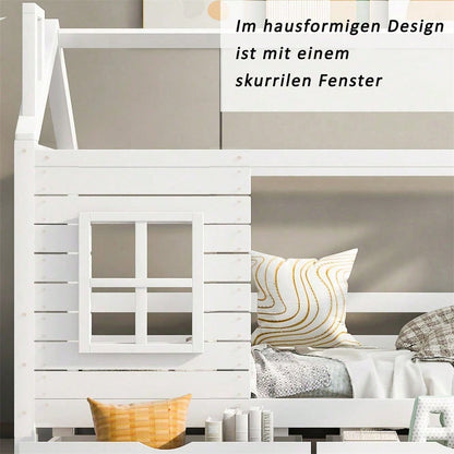 Hausbett Kinderbett Jugendbett 90*200 mit Rausfallschutz vielseitiges Holz Kinderbett für Jungen & Mädchen, Massivholz Kinder Bett mit Rausfallschutz Fenster und Lattenrost, Weiss