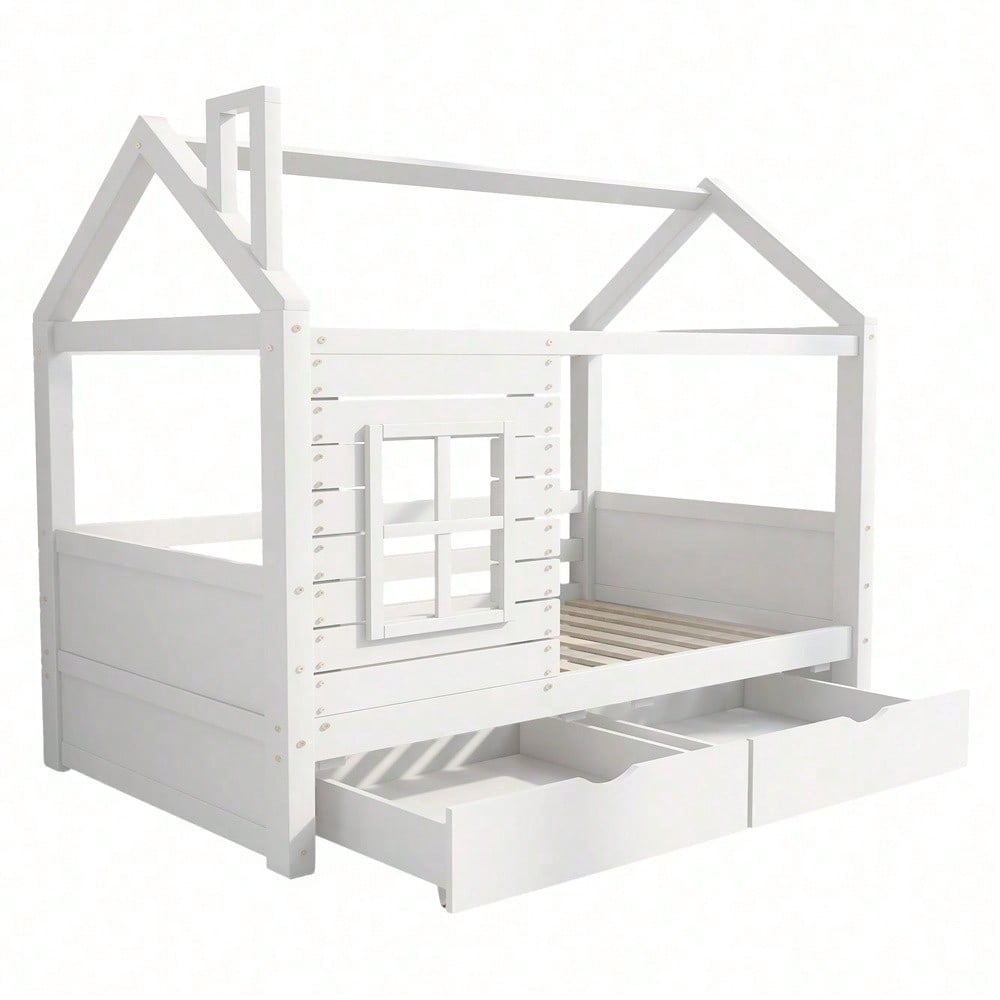Hausbett Kinderbett Jugendbett 90*200 mit Rausfallschutz vielseitiges Holz Kinderbett für Jungen & Mädchen, Massivholz Kinder Bett mit Rausfallschutz Fenster und Lattenrost, Weiss