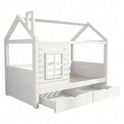 Hausbett Kinderbett Jugendbett 90*200 mit Rausfallschutz vielseitiges Holz Kinderbett für Jungen & Mädchen, Massivholz Kinder Bett mit Rausfallschutz Fenster und Lattenrost, Weiss