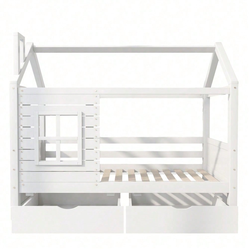 Hausbett Kinderbett Jugendbett 90*200 mit Rausfallschutz vielseitiges Holz Kinderbett für Jungen & Mädchen, Massivholz Kinder Bett mit Rausfallschutz Fenster und Lattenrost, Weiss