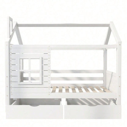 Hausbett Kinderbett Jugendbett 90*200 mit Rausfallschutz vielseitiges Holz Kinderbett für Jungen & Mädchen, Massivholz Kinder Bett mit Rausfallschutz Fenster und Lattenrost, Weiss