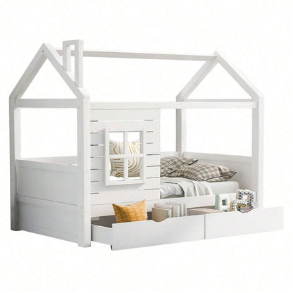 Hausbett Kinderbett Jugendbett 90*200 mit Rausfallschutz vielseitiges Holz Kinderbett für Jungen & Mädchen, Massivholz Kinder Bett mit Rausfallschutz Fenster und Lattenrost, Weiss