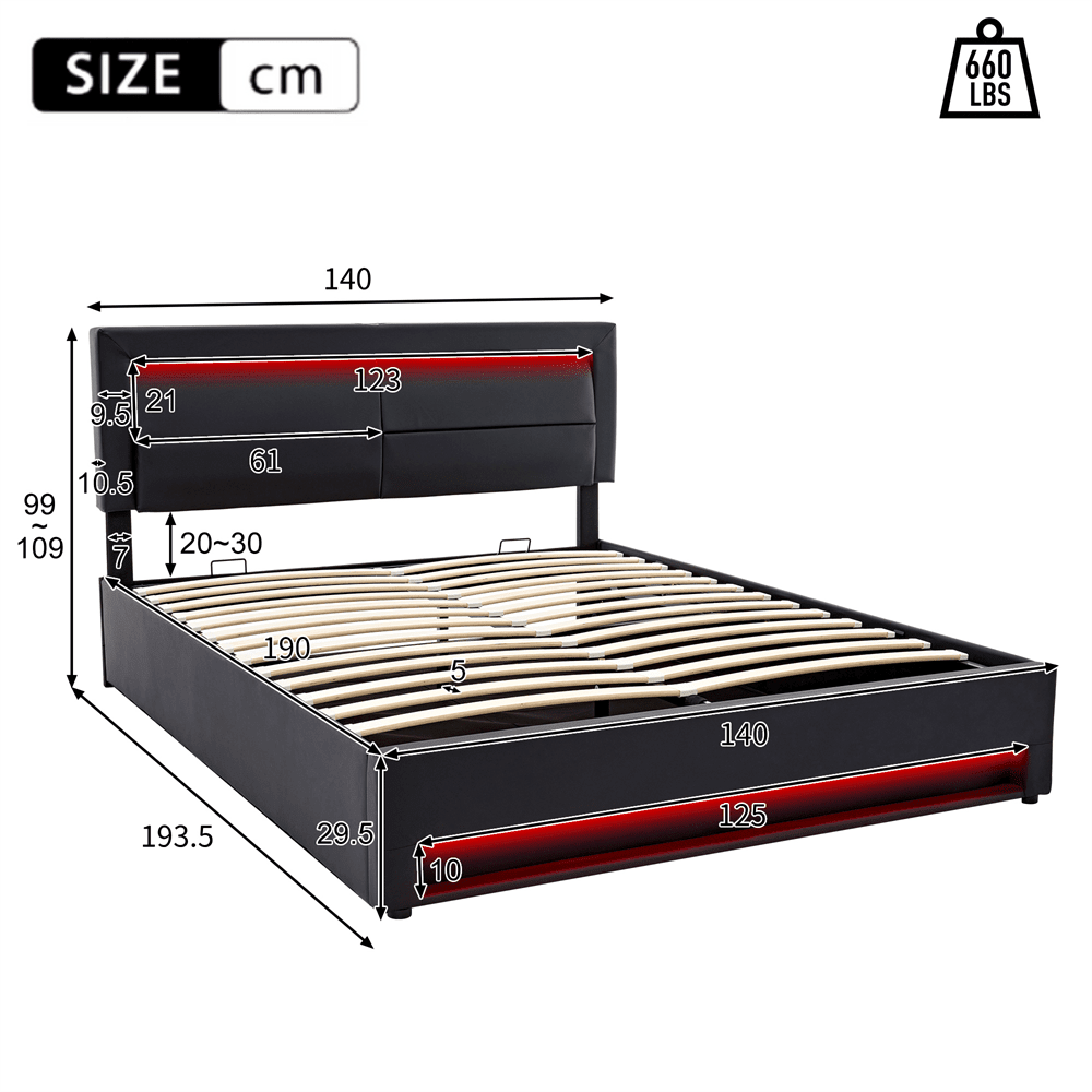 Lit rembourré 140 x 190 cm, avec port USB (supporte le chargement sans fil et filaire), avec éclairage LED et espace de rangement, sans matelas, PU-Lychee design, noir
