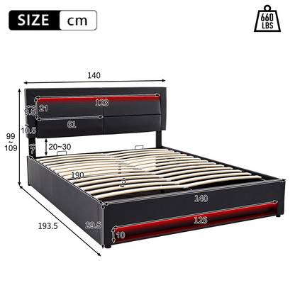 Lit rembourré 140 x 190 cm, avec port USB (supporte le chargement sans fil et filaire), avec éclairage LED et espace de rangement, sans matelas, PU-Lychee design, noir