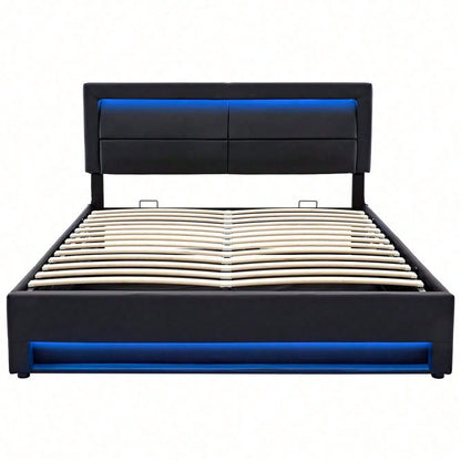 Lit rembourré 140 x 190 cm, avec port USB (supporte le chargement sans fil et filaire), avec éclairage LED et espace de rangement, sans matelas, PU-Lychee design, noir