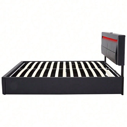 Lit rembourré 140 x 190 cm, avec port USB (supporte le chargement sans fil et filaire), avec éclairage LED et espace de rangement, sans matelas, PU-Lychee design, noir